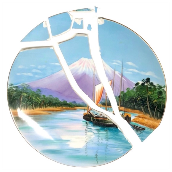 Kintsugi Plate Japanese Hand Painted Landscape Sailboat Gold Crack Growth Gift - Picture 3 of 12